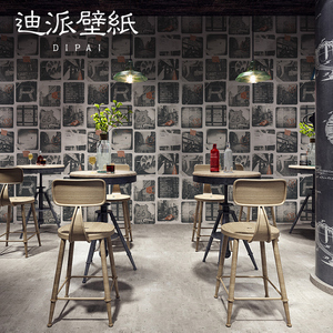 画报格子墙纸店铺装修餐厅工业风灰色黑色复古壁纸非自粘商用餐饮