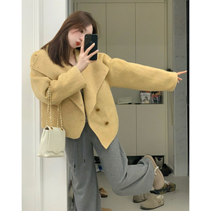 COCO STUDIO 复古小香风黄色短款毛呢外套女秋冬季气质高级感上衣
