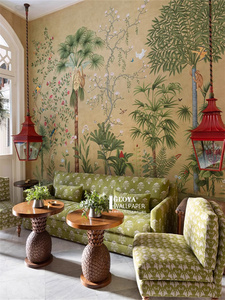 3d美式手绘植物景色客厅电视背景墙纸卧室新中式花鸟树木自粘壁纸