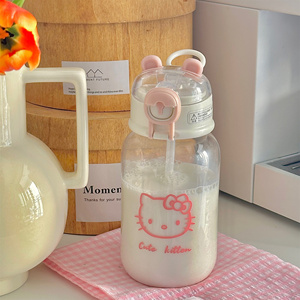 水杯带吸管可爱粉色猫咪塑料杯子高颜值带盖便携透明茶杯女款夏季