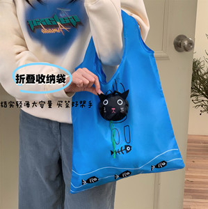 一只小黑猫创意卡通猫咪购物袋可折叠收纳手提袋大容量便携环保袋