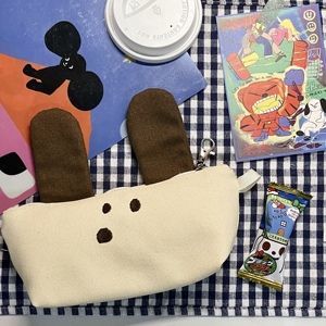 韩国复古可爱刺绣咖啡小狗笔袋大容量帆布文具袋收纳袋学生文具盒