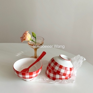 韩国ins定制可爱复古红色格子陶瓷碗简约创意饭碗一人食早餐碗
