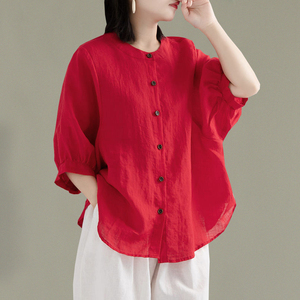 韩国红色亚麻衬衫女夏季新款韩版显瘦灯笼袖衬衣大码宽松棉麻上衣