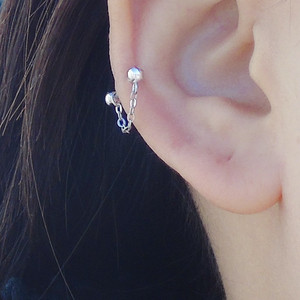 纯银耳骨钉925银拧螺丝耳廓挂链珠一体耳环饱满个性小耳朵