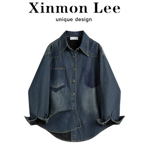 XinmonLee港风复古中长款女士牛仔衬衫加绒加厚冬季宽松气质上衣