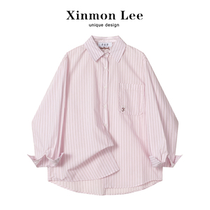 XinmonLee粉色条纹长袖衬衫女春季新款衬衣小众法式甜美别致上衣