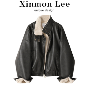 XinmonLee黑色长袖皮衣夹克女士外套冬季加绒超好看宽松洋气上衣