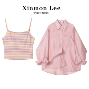 XinmonLee减龄洋气轻熟风衬衫外套条纹吊带两件套装女装春秋港味