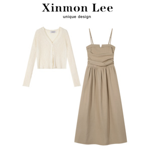 XinmonLe法式复古气质吊带连衣裙外搭开衫两件套装高级感女温柔风
