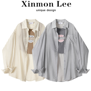 XinmonLee休闲条纹防晒衬衫女夏季吊带背心宽松气质显瘦两件套装