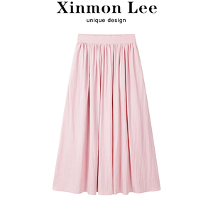 XinmonLee法式气质粉色半身裙高腰显瘦休闲百搭夏季中长裙伞裙女