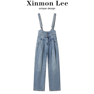 XinmonLee复古做旧褶皱高腰牛仔背带裤夏季女气质显瘦直筒吊带裤