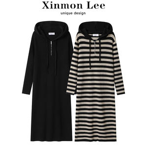 XinmonLee慵懒风连帽半拉链针织连衣裙女宽松显瘦休闲长裙子新款