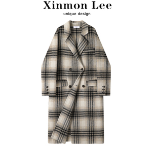 XinmonLee高级感气质格子毛呢外套女秋冬宽松中长款双面呢子大衣
