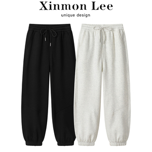 XinmonLee慵懒风加绒加厚休闲女士运动裤冬季高腰直筒阔腿九分裤