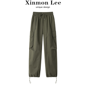 XinmonLee美式直筒休闲运动工装裤女秋季高腰宽松显瘦阔腿束脚裤