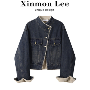 XinmonLee气质港风复古设计感立领牛仔女士外套冬季加绒夹克上衣