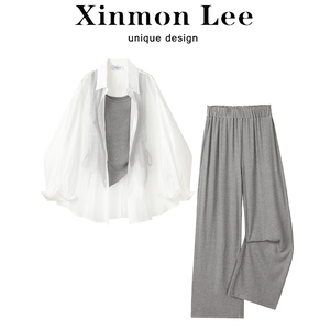 XinmonLee休闲时尚三件套装吊带开衫防晒衣夏季女宽松高腰阔腿裤