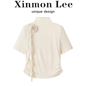 XinmonLee法式气质立体玫瑰半高领短袖T恤春夏女设计感显瘦上衣