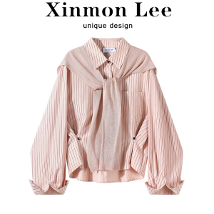 XinmonLee法式气质粉色披肩条纹衬衫外套夏季女别致宽松百搭上衣