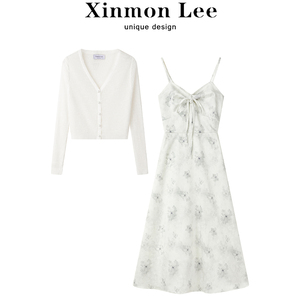 XinmonLee高级感碎花吊带连衣裙夏季新款两件套装女长袖针织外套