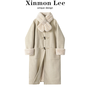 XinmonLee韩系长款高级感毛呢外套加绒加厚女赫本风牛角扣呢大衣