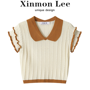XinmonLee修身显瘦撞色针织衫正肩T恤女夏季娃娃领设计感短款上衣