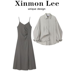 XinmonLee休闲防晒衬衫气质吊带连衣裙夏收腰开叉显瘦两件套装女