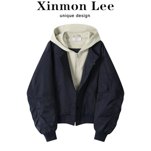 XinmonLee复古宽松夹克连帽风衣女秋冬新款设计感假两件外套上衣