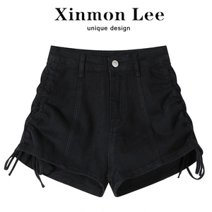 XinmonLee黑色牛仔阔腿抽绳设计感高腰短裤子女显瘦夏季薄款ins潮