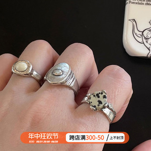 韩系小众设计mars25手工复古做旧925纯银奶牛戒指叠戴天然宝石女