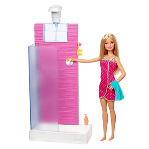 美国正版Barbie芭比娃娃玩具洗澡淋浴微缩家具套装节日生日礼物