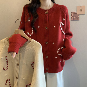 大码圣诞节红色毛衣外套女冬季新款胖mm显瘦设计感针织衫开衫上衣