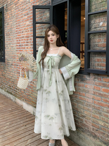 大码复古新中式国风套装吊带碎花仙女款连衣裙女夏季胖mm显瘦裙子
