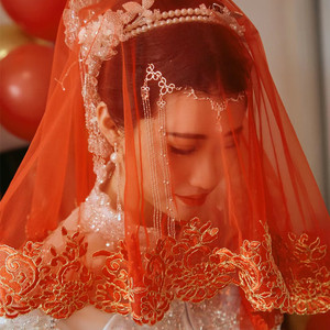 新款新娘红盖头出嫁结婚中式婚礼半透明纱头纱秀禾蒙头红色蒙头巾