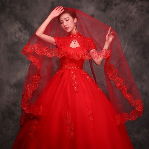 新娘结婚红色头纱韩式单层婚礼蕾丝花边盖头婚纱超长头饰拍照道具