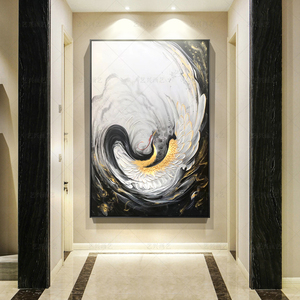玄关装饰画现代黑白金箔仙鹤纯手绘油画室内家装客厅背景墙挂壁画