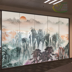 中式中国风山水画办公室静电贴纸磨砂玻璃贴膜图案定制有山无水