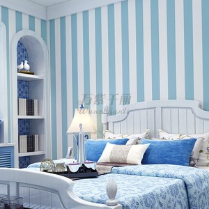 儿童房壁纸男孩卧室背景墙蓝色地中海风格墙纸现代简约蓝白竖条纹