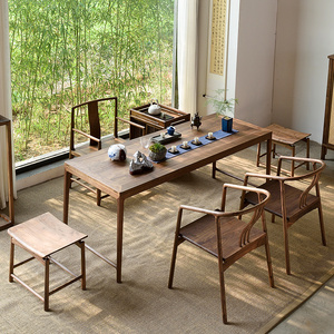 雅舍黑胡桃木茶桌椅组合新中式老榆木茶台茶室方形桌全实木家具