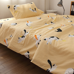 在线撸猫全棉床单卡通日系被套枕套纯棉被罩床笠可爱淘气小猫黄底