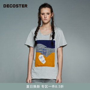 DECOSTER/德诗春季新款品牌女装时尚灰色宽松圆领短袖t恤上衣