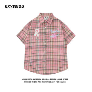 KKyesiou美式潮牌暗粉色格子短袖衬衫男女复古刺绣学院风上衣外套