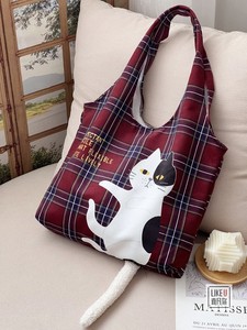 秋冬新款复古苏格兰格子猫咪可爱印花单肩手提帆布包大容量购物袋