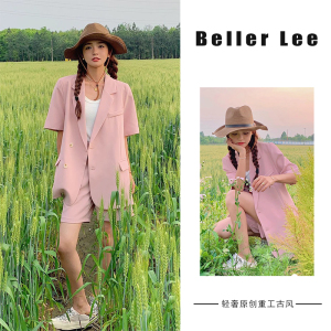 BellerLee 轻奢粉色西装套装女夏季薄高级感西服外套短裤两件套女