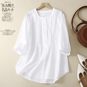 外贸法国单白色衬衫2023夏季文艺七分袖大码宽松立领休闲小众衬衣