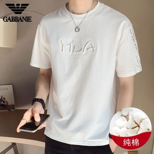 GABBANIE品牌夏季男士t恤短袖潮流刺绣纯棉圆领上衣半袖白色体恤