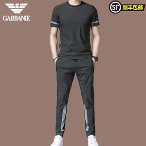 GABBANIE品牌夏季男士运动套装高端潮流休闲短袖t恤搭配长裤两件