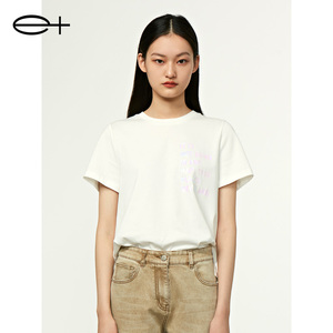 一嘉 e＋夏季新款品牌女装白色简约时尚印花纯棉圆领短袖T恤